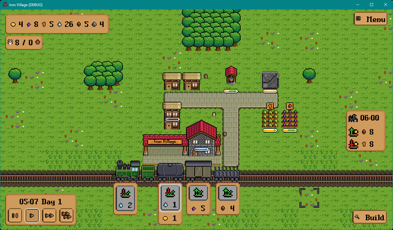 A screenshot of Iron Village. A train has dropped off some wood and mushrooms, and has loaded up on water.